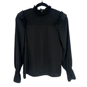 Banana Republic Black Smocked-Neck Ruffle Blouse Long Sleeve Stretch Comfort XS